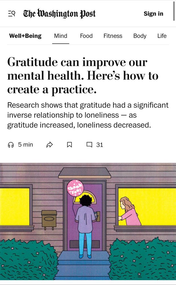 A newspaper article cover page discussing gratitude and loneliness. 