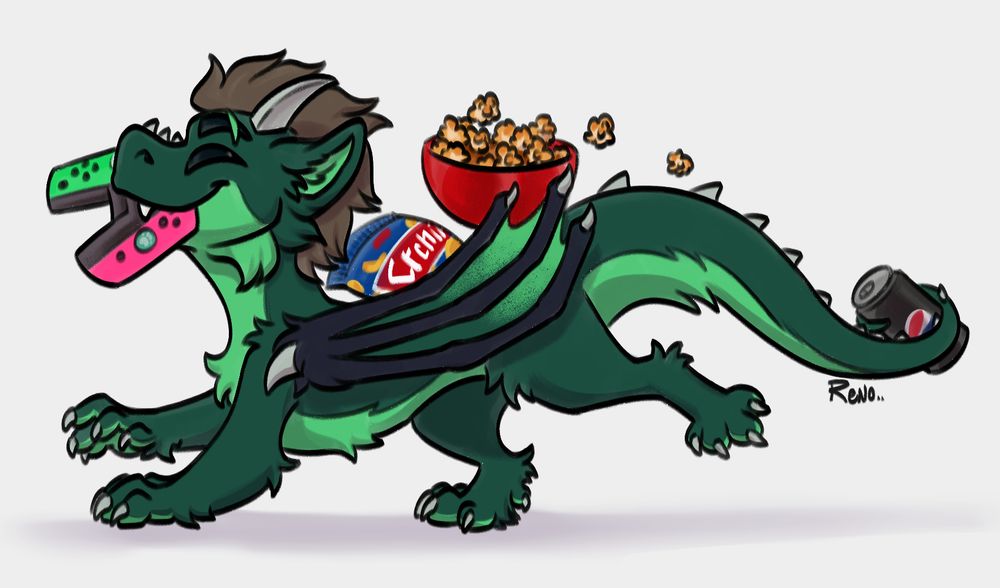 Small green furred dragon is trotting happily, carrying chips and a bowl of popcorn on his back, with joycons in his maw and a tail wrapped around a soda can. Seems like it's going to be gaming afternoon.