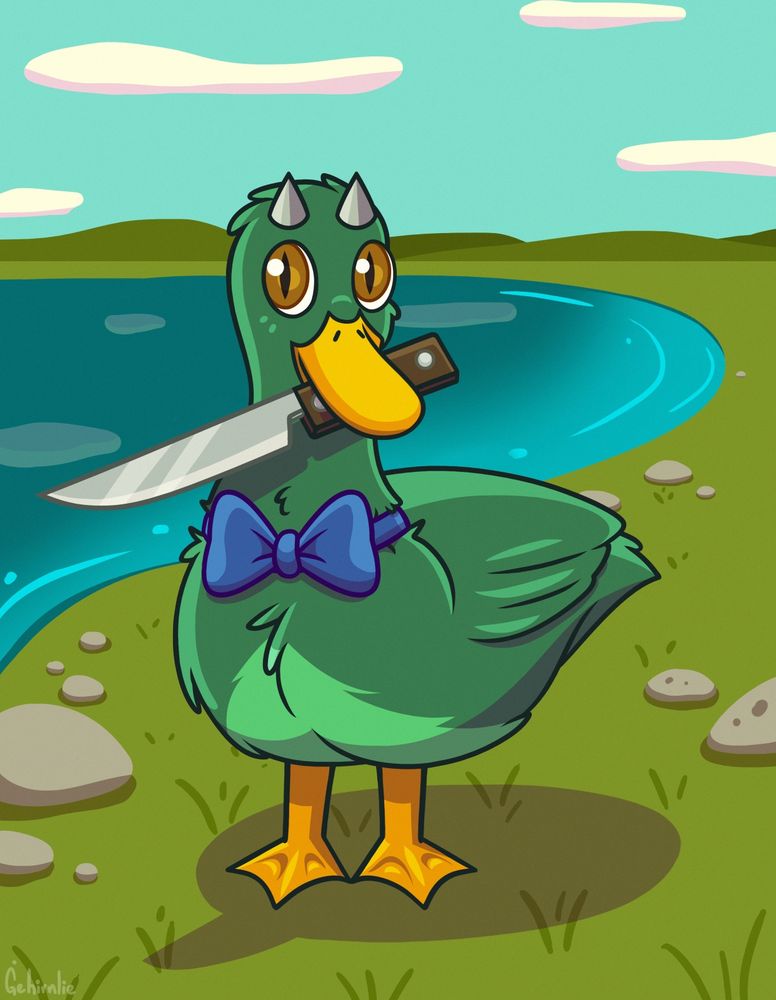 Green-colored duck with dragon horns and eyes (apparently, shapeshifted dragon), is wearing blue bow.He has a knife in his beak. He probably wanted to be goose, for Augoose, but oh well...