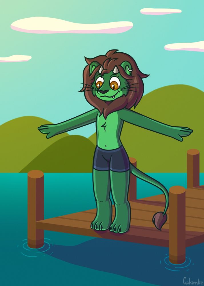Green-colored anthro lion with dragon horns and eyes (apparently, shapeshifted dragon), is wearing blue shorts and standing on a pier. His arms spread to the sides, he's getting ready to jump into the lake under him.