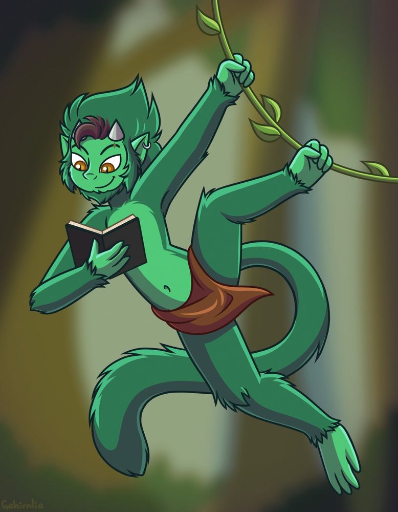 Green-colored anthro monkey with dragon horns and eyes (apparently, shapeshifted dragon), wearing brown scarf around the waist. He's holding a book in right hand. Left hand and left foot hold the vine. He seems to be reading a book while swinging. Hooray, prehensile feet!