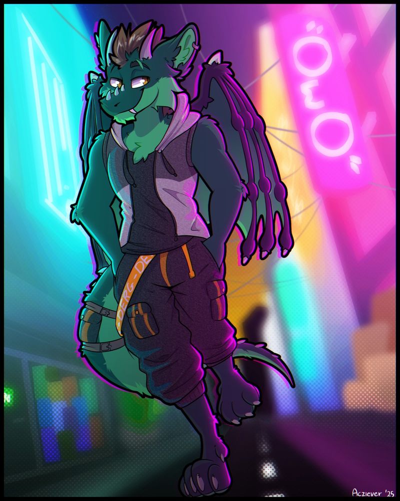 Green furred anthro dragon walking in the city by night. He is smirking. He's wearing sleeveless hoodie and cargo pants, his hands hidden in pockets. City is illuminated by pink and blue neons.