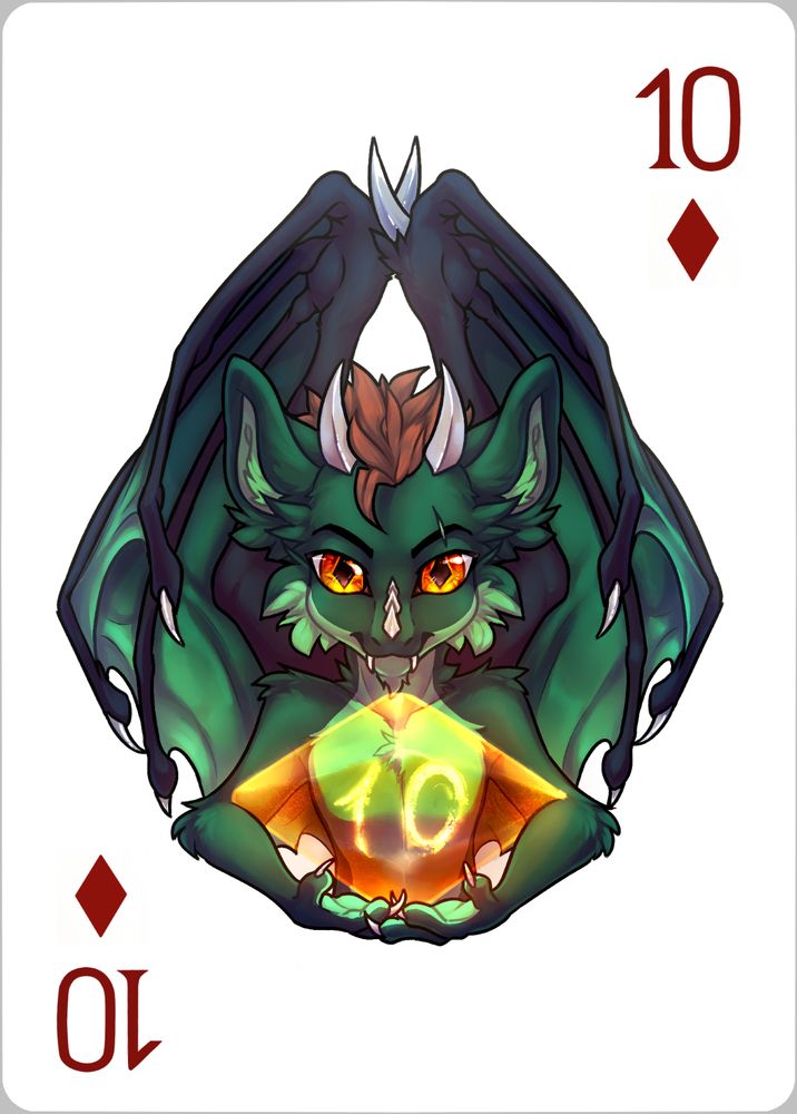 Halfbody of green furred dragon, holding an orange vertical diamond, with sparkly "10" inside. Wings behind him are shaped like another diamond. All of it in the center of a 10 of Diamonds playing card.