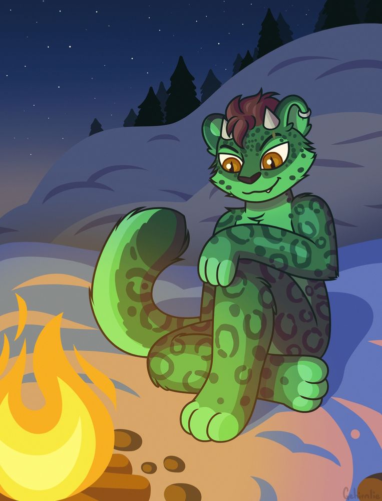 Green-colored snow leopard with dragon horns and eyes (apparently, shapeshifted dragon), sitting next to campfire in mountainous environment.