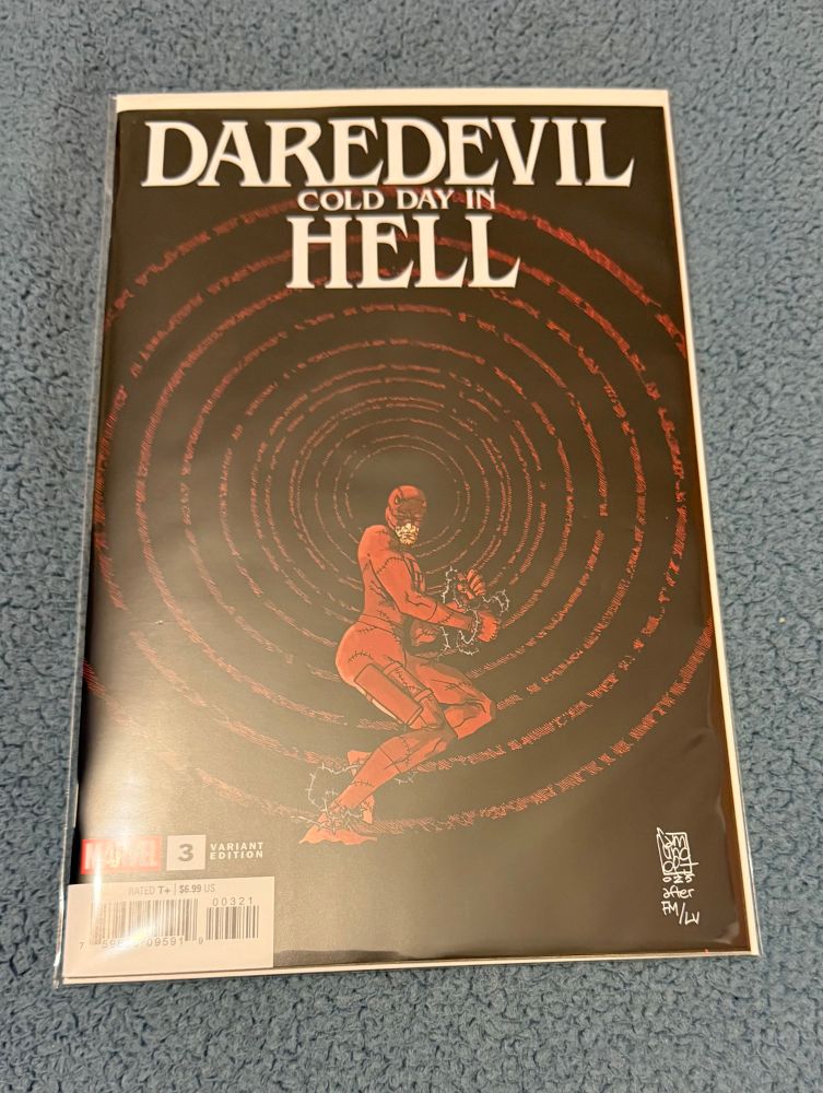 The cover to Daredevil Cold Day in Hell issue 3 showing a much older daredevil using his sonar ability 