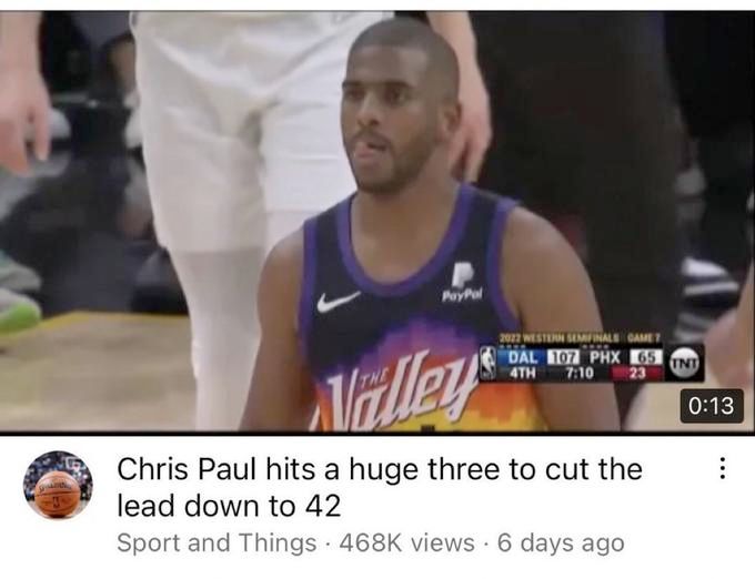 Chris Paul Hits A Huge 3 To Cut The Lead To 42 refers to a copypasta and reaction image popular among basketball fans. The phrase comes from a YouTube video that joked about Phoenix Suns player Chris Paul hitting a three-pointer in Game 7 of the 2022 Western Conference semifinals with his team down 45 points in the 4th quarter, making the shot essentially meaningless. The phrase and a screenshot of the video have been used to joke about basketball players and others contributing to a cause that's already well out of reach.
