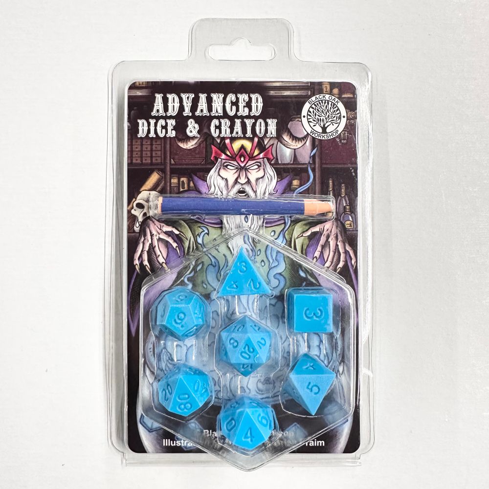 The Advanced Dice and Crayon set shown in its retail packaging. A mysterious wizard overlooks a smoking cauldron filled with blue dice. 