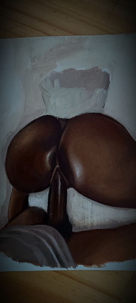 Pintura óleo sobre papel, formato A5.

Duas pessoas negras (homem e mulher) transando. Pênis ereto penetrando a buceta da mulher, com visão da bunda dela.