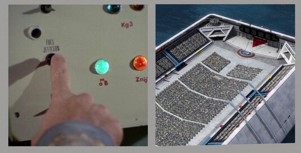 Photo of Spock pushing the fuel button. Photo of Starfleet command crowd ceremony with shuttlepod parked in the front.
