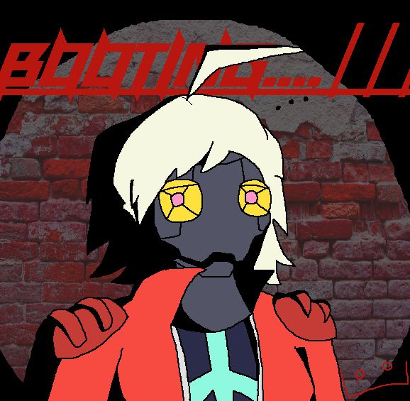 A head shot of a robot with white hair and a red jacket, sitting in the shadows.