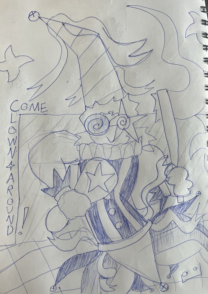 A clownish individual with a tall pointed hat is seen frolicking, with a bowling pin in one hand, and a flag in the other. Behind him in this background is text that reads: "COME CLOWN AROUND!"