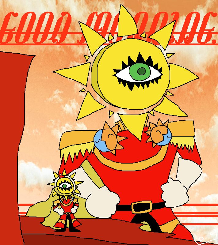 in the foreground, is a zoomed out, monoeyed figure with a sun for a head. In the background is that same figure but zoomed in, as well as the text "GOOD MORNING." behind him. 