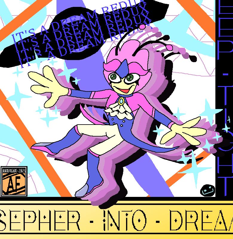 A whimsical pink showsman-ey type figure with antennae floats magically in an abstract background, modeled after the JP box art from NiGHTS into Dreams. Various bits of text like "IT'S A DREAM REDUX" and "SEPHER INTO DREAMS" are laid all across the screen. 