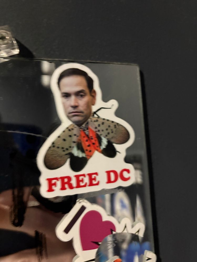 A bathroom sticker that is Rubio’s head on a lantern fly that says “Free DC”
