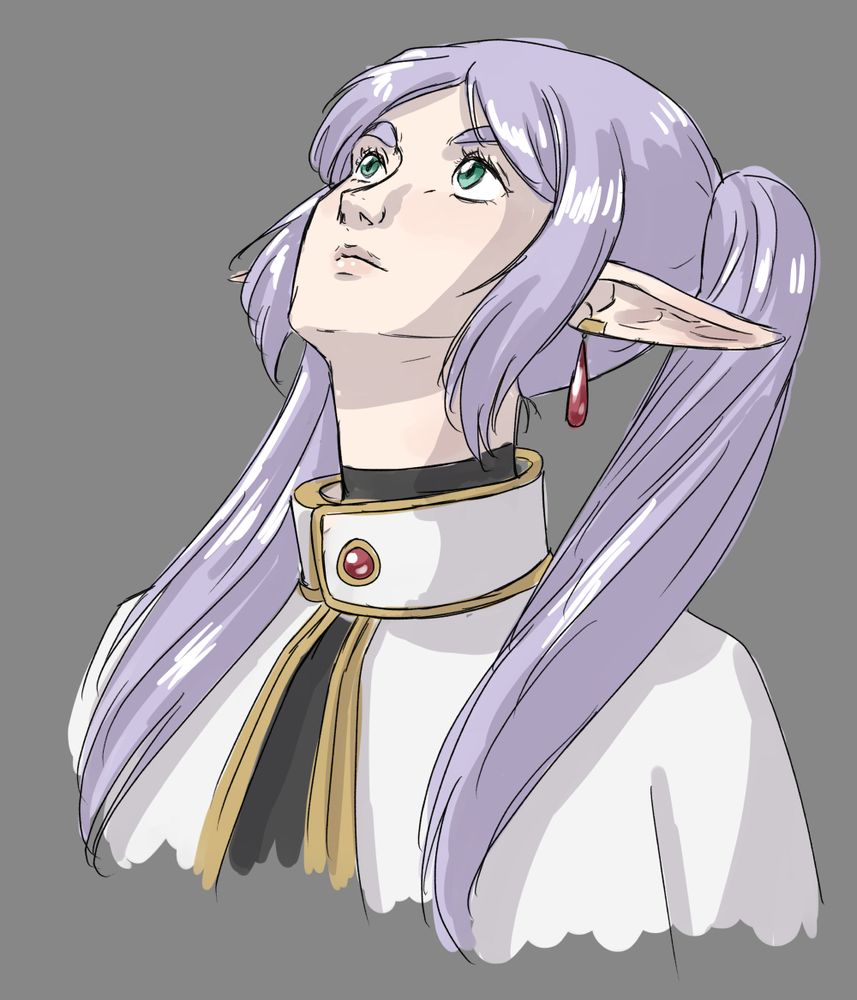 A drawing of Frieren from Frieren looking up. It is an awkward and tricky angle to draw.