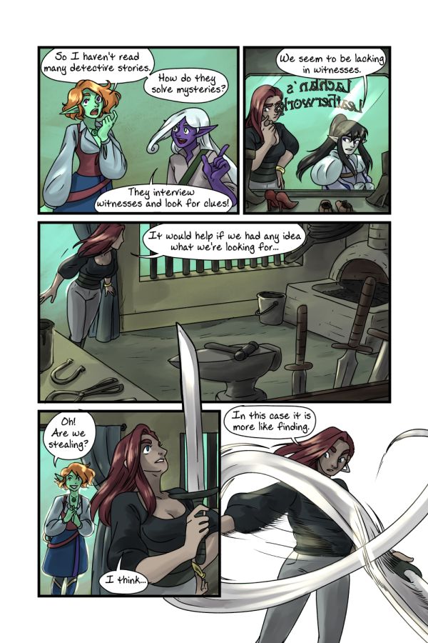 Crypts and Cantrips chapter 16 page 18. Kitov and Taneli discuss how to be a detective. Hali finds a sword in a smith's workshop.