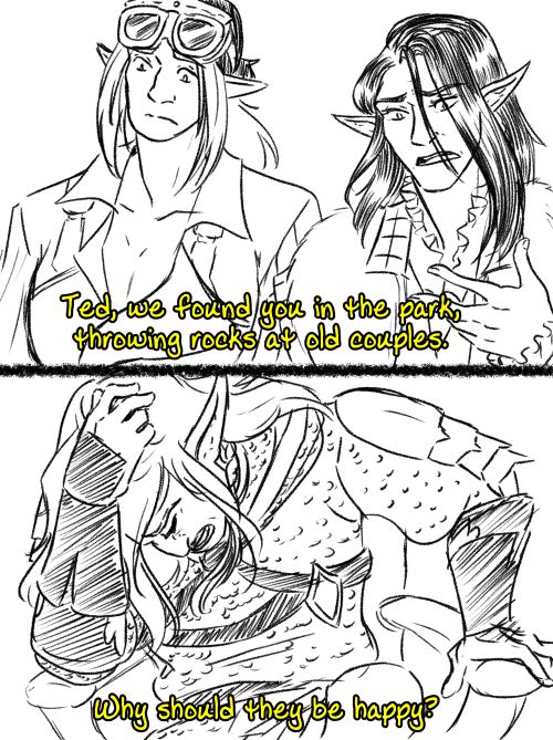 A drawover of two screencaps from Scrubs featuring characters from FFXIV. In the first image Stephanivien and Artoirel are facing the camera and looking concerned. "Ted, we found you in the park, throwing rocks at old couples."
In the second image Tedalgrinche is doubled over in a chair, with his hand on his head. "Why should they be happy?"