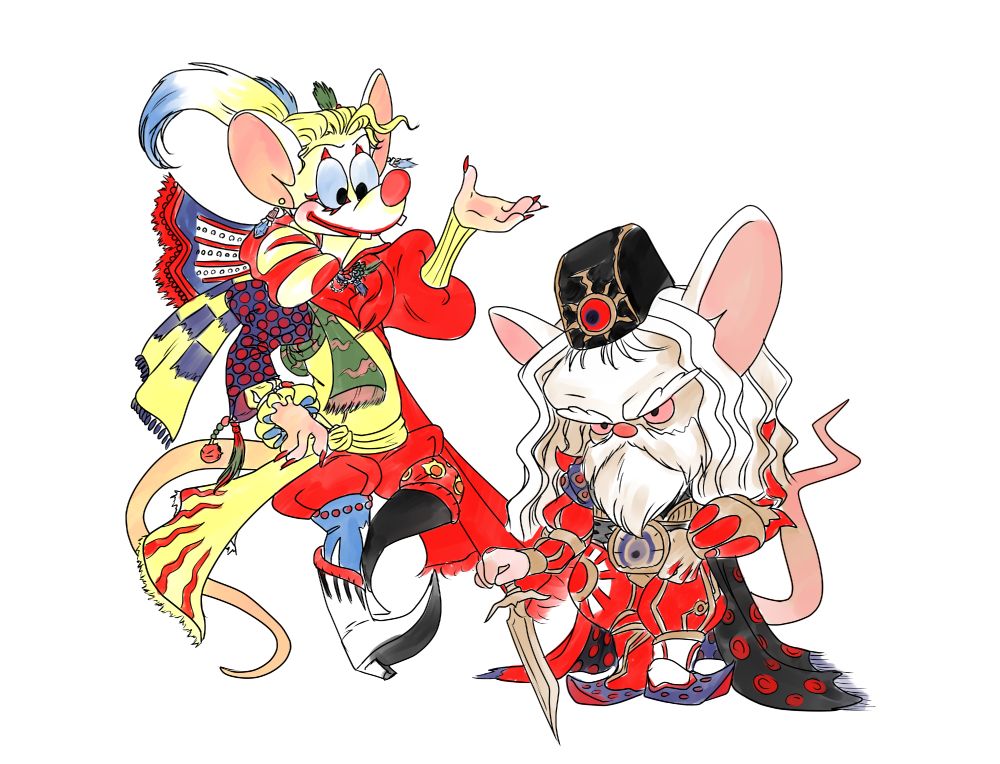 A drawing of Pinky and The Brain from the 90s saturday morning cartoon Pinky and The Brain as Kefka and Gestahl from the 90s super nintendo game Final Fantasy VI. Or perhaps the other way around. I don't know anymore.