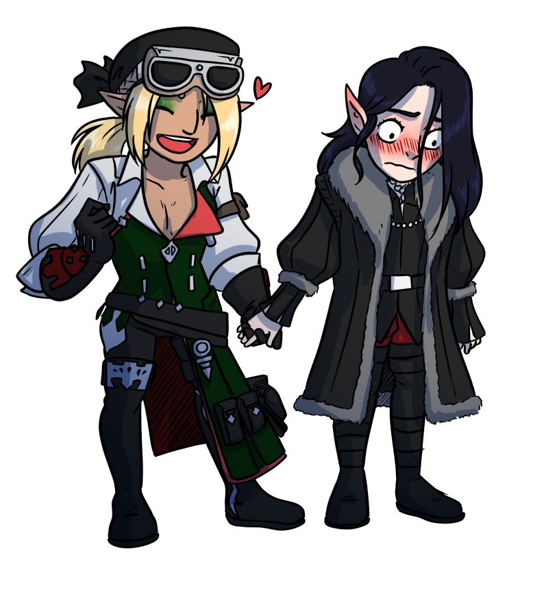 A chibi drawing of Stephanivien de Haillenarte and Artoirel de Fortemps from Final Fantasy XIV. They are holding hands. Artoirel is blushing about it.