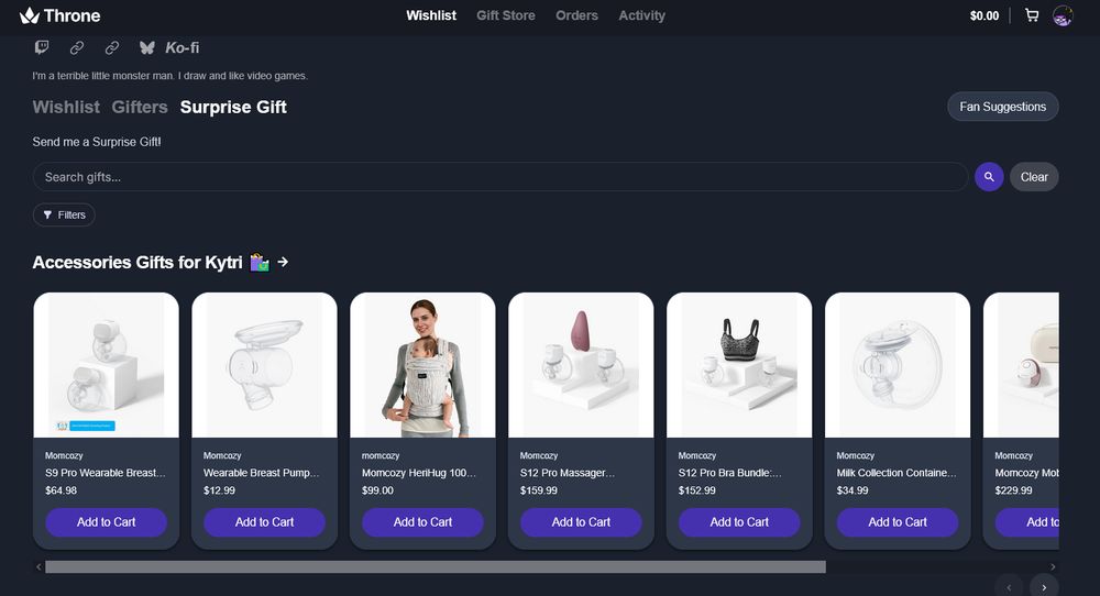 A screencap of my surprise gift page. It's all breastpumps except for the one baby bjorn. I do not will not and have never had a baby.