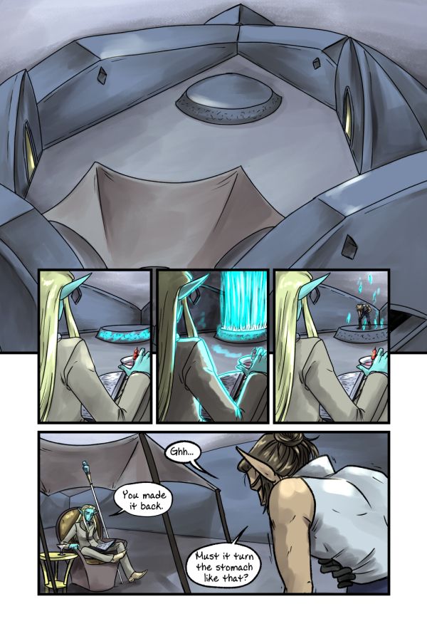 Crypts and Cantrips chapter 16 page 1. We are on the roof of Gerys' tower. A teleport pad activates and Leoros appears.