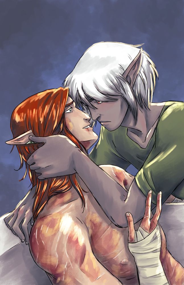 An illustration made for the linked fanfic. Chlodebaimt and Foulques are posed close together, romantically, sort of. It's complicated.