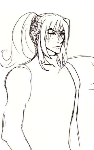 A sketch of Keten's current form, androgynous with a flat chest, angular facial features and long hair.