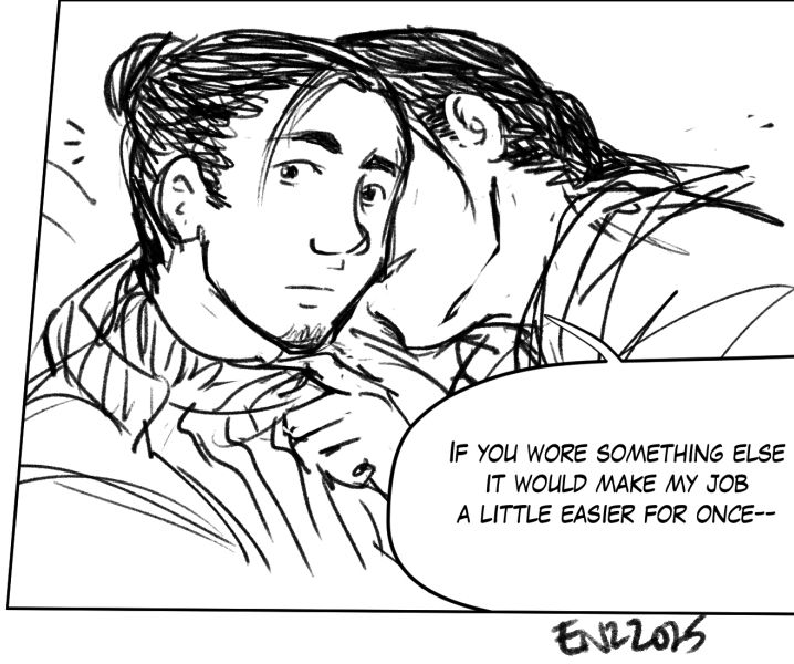 Tiziano pulls on the collar of Reverie's sweater in a suggestive way, saying into his ear, "If you wore something else it would make my job easier, for once."

Reverie glances away from him to the side, looking distracted.