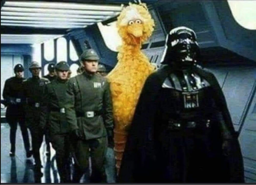 Scene from Star Wars where Darth Vader and some Imperial soldiers are marching down a hallway but also Big Bird is there
