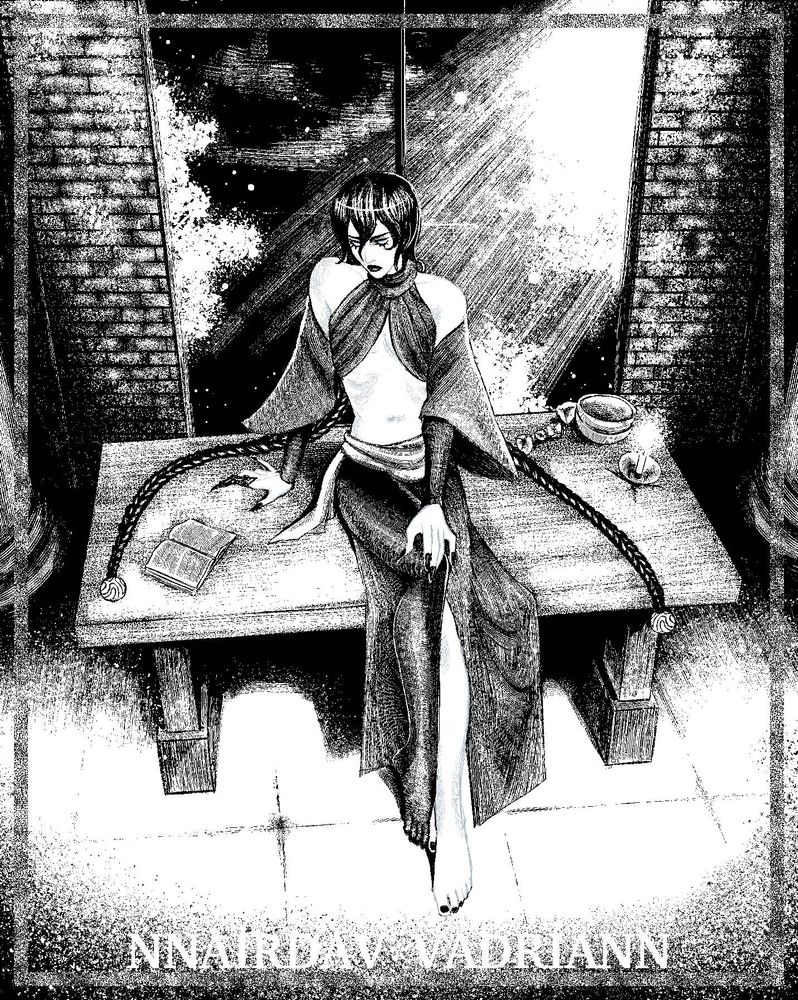 Black and white digital illustration of a large trans woman with thin and long proportions sitting atop a wooden table, her two long braids framing her on the table. 