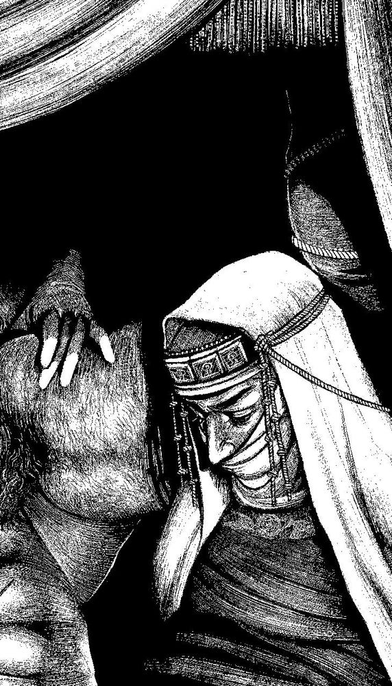 Crop of a black and white digital illustration of an individual wearing a headscarf and hood as they emerge from shadow. Behind them, a nude individual who is upside down spreads their legs open while someone else’s hand emerges from shadow to hold at the thigh.