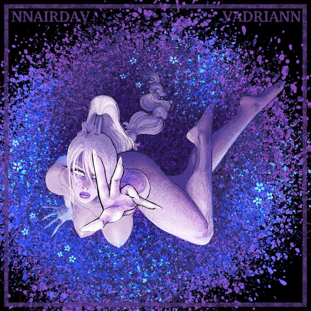 Digital illustration of a nude individual reaching up and out toward the viewer. She sits on a bed of small blue flowers, mostly abstracted into paint splotches.