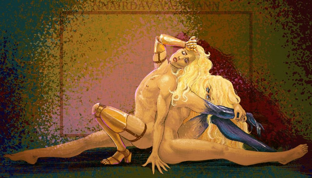 Digital figure painting of two lithe, light skinned blonde individuals posing back against back. Each has a prosthetic arm and leg, one mechanical and one mercurial. They are lit dramatically and sit against an abstracted backdrop of ochre.