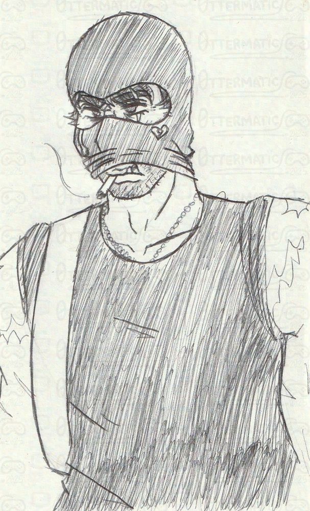 a drawing of a disgruntled looking middle aged man smoking a cigarette. he is wearing a black balaclava with a broken heart emoji embroidered under his left cheek and a cartoonish tear on the right, a black tshirt and a dogtag necklace. he has half of the mask rolled up showing his scruffy looking chin and his upper lip that has a chunk of it missing, exposing his top teeth.