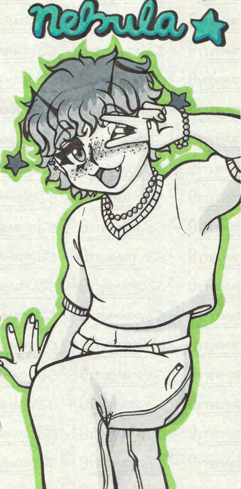 a humanoid alien OC doing a cutesy pose-- he is doing a peace sign over his one eye and has his other arm outstretched beside/behind him while lifting his leg closest to the "viewer". he has a smile on his face and is doing a cute wink at the camera. he is wearing jeans, a crop top sweater and has some jewellery (bracelets, necklace, and ear piercings). he has some antennae with stars on the end.