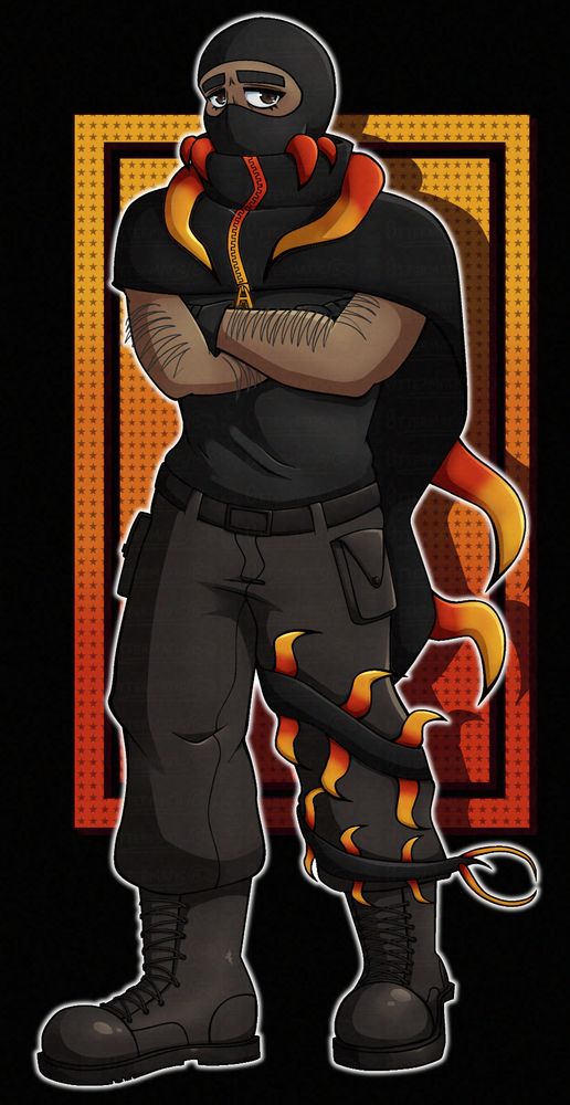 a drawing of a tall man with a darker complexion standing with his arms crossed while looking off in the distance. he is wearing a black balaclava, a black, high collared poncho-like cloak with a long tail that has bright red/orange/yellow accents on it that make the cloak look like a centipede. the longer tail portion of the cloak is wrapped around his left leg. he is wearing dark brown pants and boots. there is a simple geometric background.