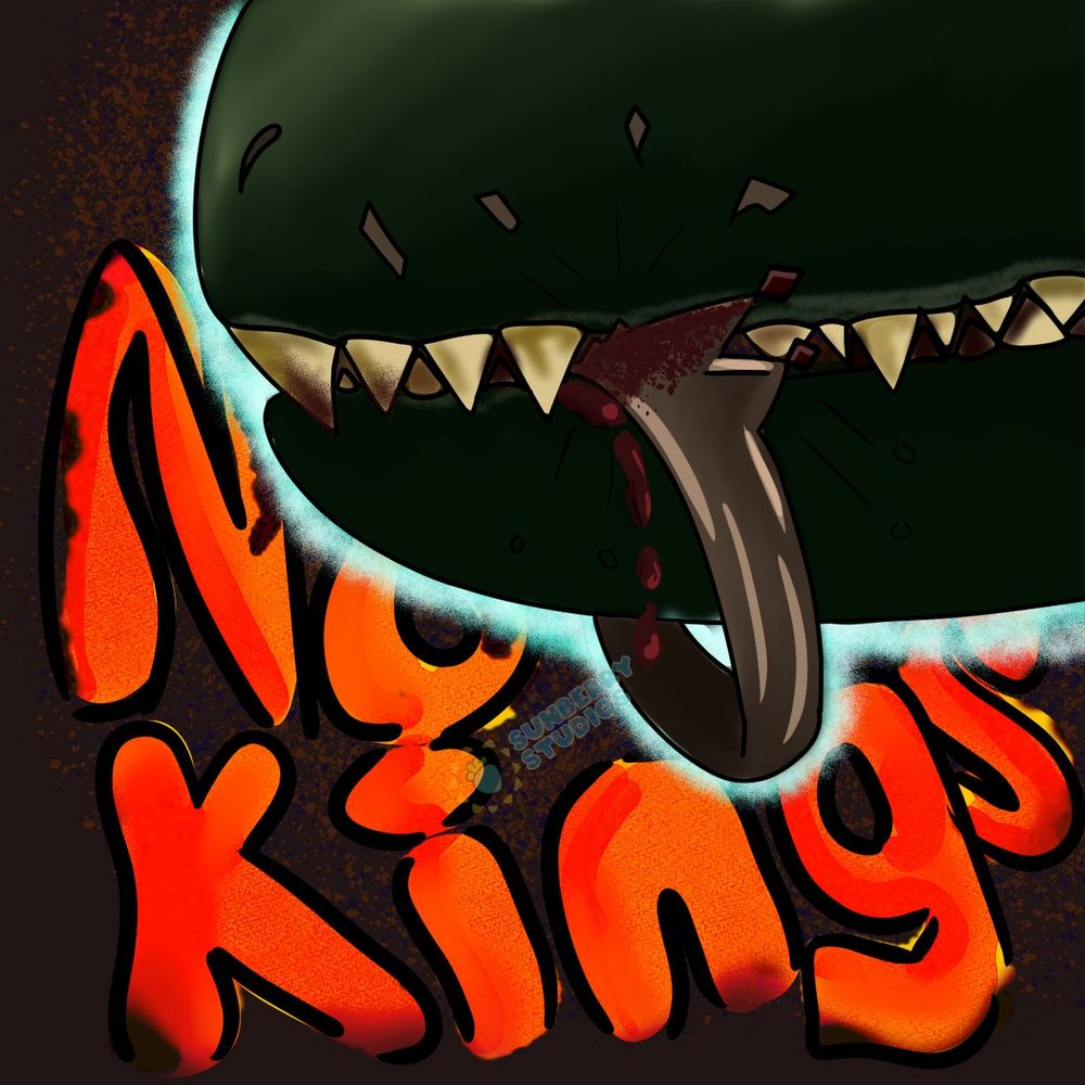 A close up of a tyrannosaur mouth biting through a hardened metal crown, with blood coming from the break as pieces fly off. Text behind the rex's mouth reads "No Kings" drawn in a brightly colorful orange, red, and yellow street art configuration.