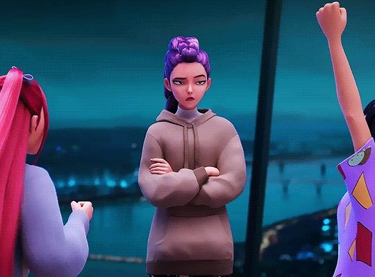Rumi from Kpop Demon Hunters stares with her arms crossed at her friends for a moment, then breaks into a feral "YEAHHHHHH" alongside Mira and Zoe