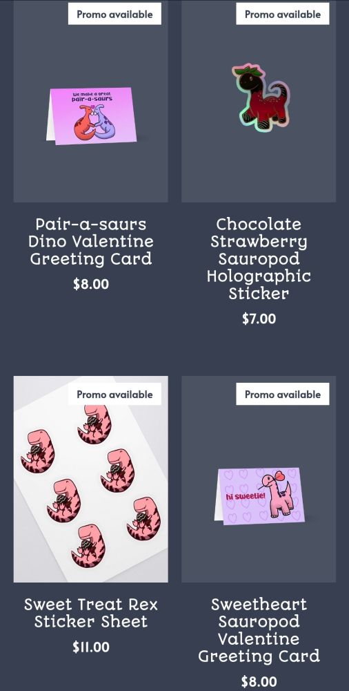 Shop listings of valentine themed dinosaurs, featuring a parasaur greeting card, chocolate strawberry sauropod holographic sticker, a chocolate strawberry T Rex sticker sheet, and a pink sauropod holding a lollipop on another greeting card.