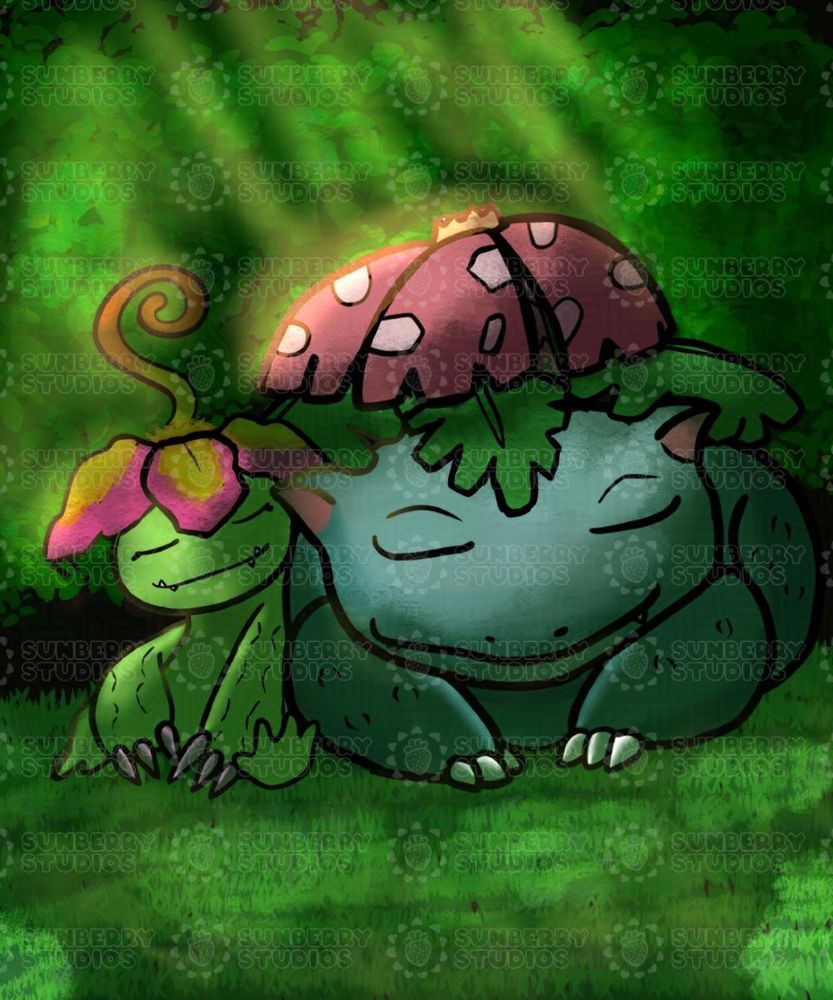 A Venusaur, large frog dinosaur Pokemon with a pink spotted tropical flower on its back, leans gently against Palmon, a biped plant monster with a bright pink and yellow tropical flower on its head. Both are sleeping comfortably in a patch of warm sunbeams in a forest clearing, with warm highlights and contrasted cozy shadows.