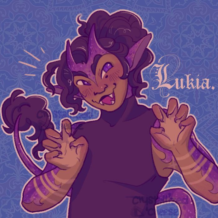 Lukia Kurona (kdotdreamer) drawn over an elaborate pattern. It is a half body of him with hands raised, claws exposed, and dragon qualities apparent. His tail is visible behind him. Fancy text beside him reads: "Lukia."