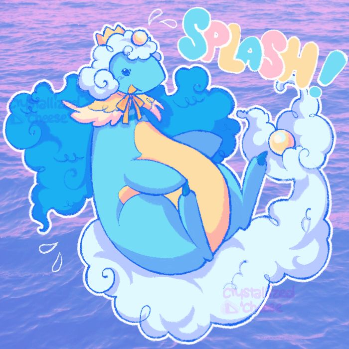 Sæwine (thebellyofAM) drawn floating, a flipped on their foot and smiling. Some water droplets fill the space around them, and colorful bubble text reads: "Splash!"
