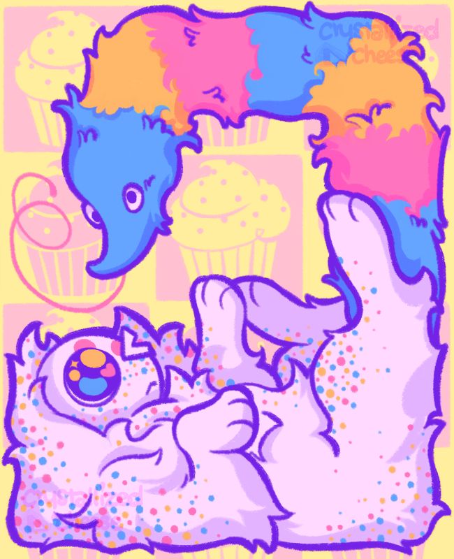 Funfetti (Clowngutz) in an invisible box in the canvas, winking. Their body curls around over them and their worm-on-a-string tail loops over them. The background is an alternating pink and yellow cupcake tile pattern.