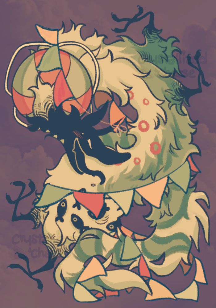 Seaside Creature (Kushinn) looped and tangled within itself and grinning at the viewer. The color scheme is muted and the background is an image of a cloudy sky.