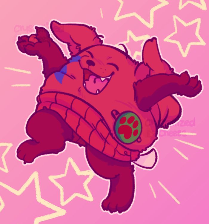 Beanie (puppyrelp) excitedly posed, paws in the air. Star and line doodles fill the space by him.