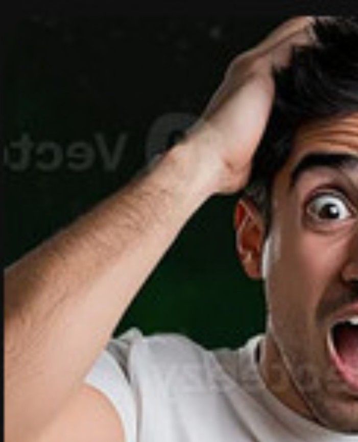 Cropped image of the man with an exaggerated shock face. It has Vecteezy watermark all over him which makes it look even more amateurish.