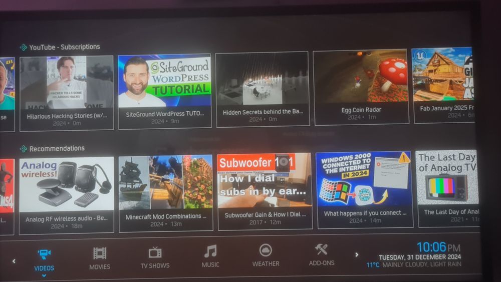 Main Menu of Kodi showing my YouTube's recommendation and video of the peopke I subscribed to