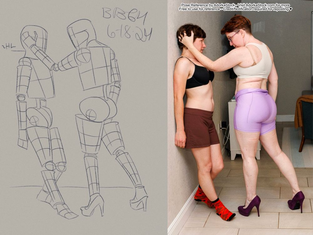 A mannequin drawing of two women. One is against the wall while the other is intimidating her. 