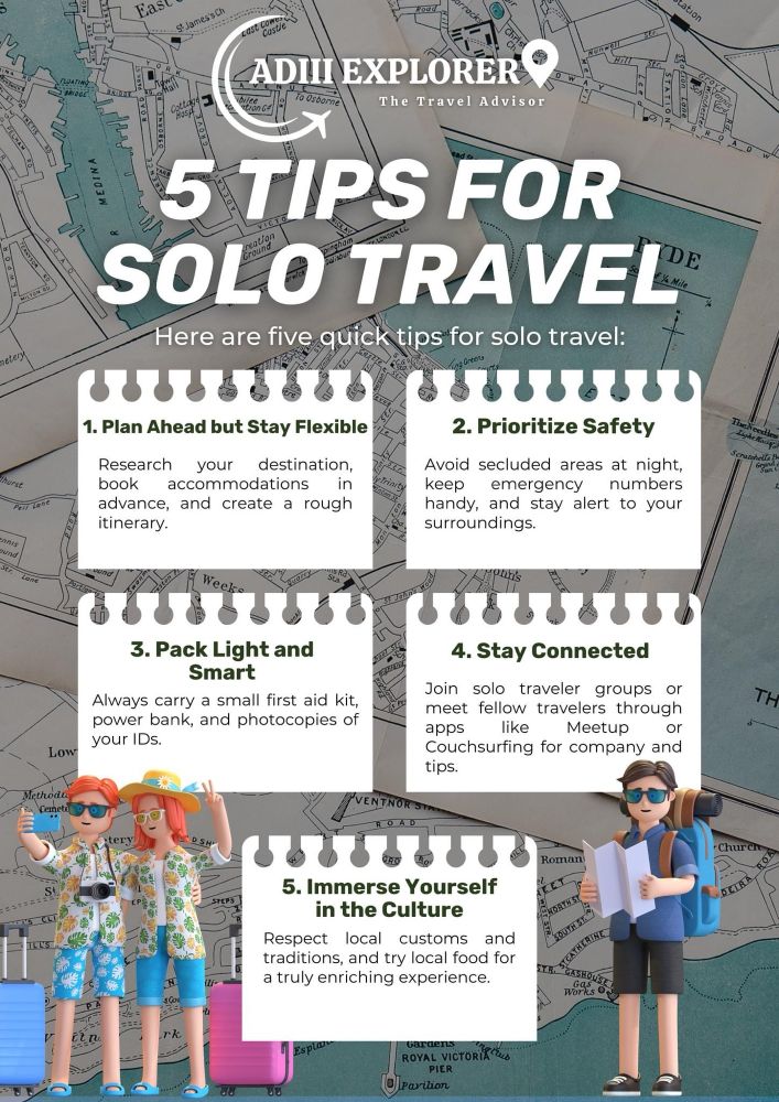 🌍✨ 5 Essential Tips for Solo Travelers by 𝐓𝐡𝐞 𝐓𝐫𝐚𝐯𝐞𝐥 𝐀𝐝𝐯𝐢𝐬𝐨𝐫 𝐛𝐲 𝐀𝐃𝐈𝐈𝐈 𝐄𝐱𝐩𝐥𝐨𝐫𝐞𝐫! ✨🌍

Planning to explore the world on your own? Check out these quick tips to ensure a safe, smooth, and memorable solo adventure! From planning ahead to immersing yourself in the culture, these tips will make your journey stress-free and rewarding.

✨ Why Travel with 𝐓𝐡𝐞 𝐓𝐫𝐚𝐯𝐞𝐥 𝐀𝐝𝐯𝐢𝐬𝐨𝐫 𝐛𝐲 𝐀𝐃𝐈𝐈𝐈 𝐄𝐱𝐩𝐥𝐨𝐫𝐞𝐫?
We’re here to make your solo travel even easier! Let us assist you with:
✅ Visa applications
✅ Travel itineraries
✅ Accommodation and transportation arrangements
✅ Travel tips tailored to your destination

📧 Email us at info@adiiiexplorer.com
📞 Contact us at +639989891818

Embark on a journey with confidence, and let ADIII Explorer guide you every step of the way! 🌟

🌟 #TravelMoreWorryLess
🌟 #ADIIIExplorer
🌟 #SoloTravelMadeEasy
🌟 #ExploreTheWorld
🌟 #ADIIITravelTips
🌟 #DiscoverNewAdventures

Your next adventure is just a message away! ✈️💙