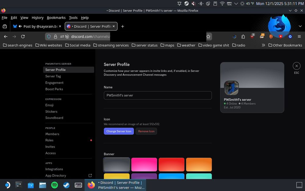 Screenshot of the web version of Discord showing the server settings page for my server (which hasn’t been changed to the new style for user settings)